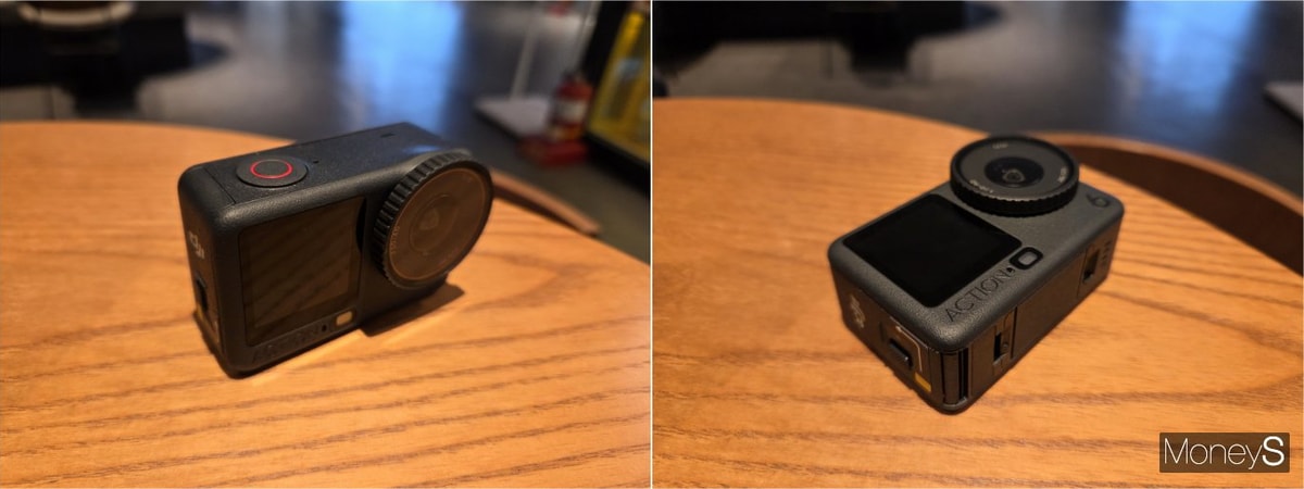 카페 테이블 위에 놓인 오즈모 액션 6. 무광 블랙 바디와 렌즈가 돋보인다. /사진=김대영 기자