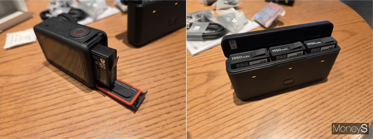 오즈모 액션 6에 배터리를 삽입하는 모습과 1950mAh 배터리 3개를 동시에 수납·충전할 수 있는 DJI 배터리 케이스. 실사용 기준 1080p 촬영 시 약 4시간의 연속 사용이 가능해 장거리 이동 촬영에서도 활용도가 높다. /사진=김대영 기자
