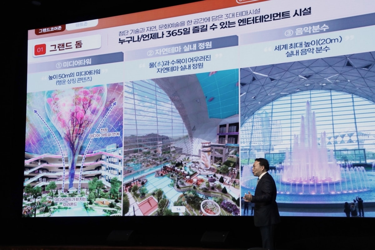 강원랜드는 K-HIT 프로젝트의 총사업비 3조원 중 약 71%를 핵심 구역인 '그랜드코어존' 조성에 투입한다. 프로젝트 발표 당시 그랜드돔에 대해 설명하는 모습. /사진=강원랜드