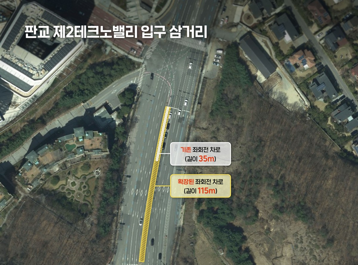 기존 35m에서 115m로 대폭 확장된 판교 제2테크노밸리 입구 삼거리 모습. /사진제공=성남시