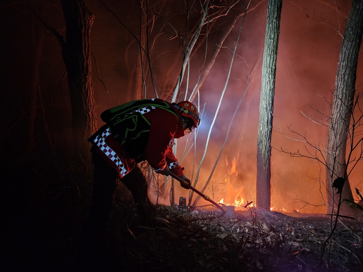 강원 양양군 서면 야산에서 발생한 산불이 확산 조짐을 보이면서 관계 당국이 인근 주민들에게 긴급 대피를 권고했다. 사진은 소방대원이 산불을 진화하는 모습. /사진=뉴스1(동부지방산림청 제공)       