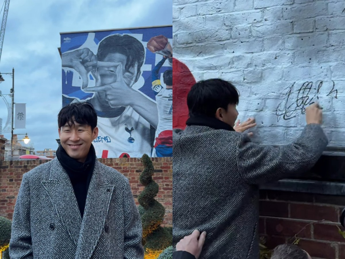 사진은 10일(한국시각) 영국 런던 토트넘 홋스퍼 스타디움 인근에서 준비된 벽화에 사인 중인 손흥민. /사진=토트넘 홋스퍼 인스타그램 캡처