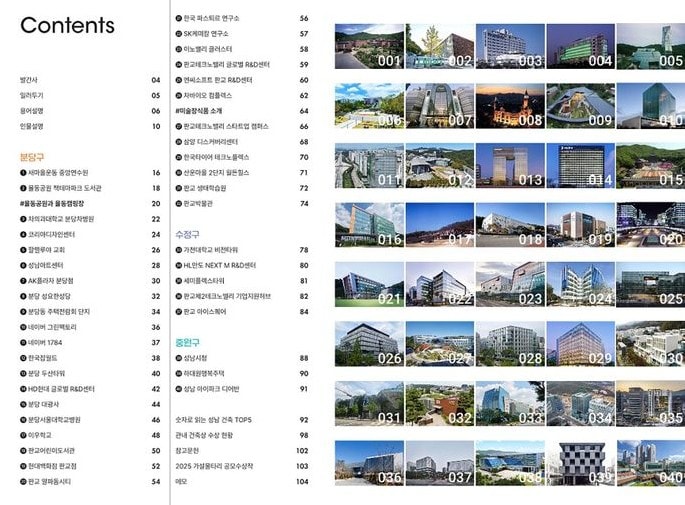 성남건축가이드북에 소개된 건축물 40곳 목록과 사진. /자료제공=성남시 