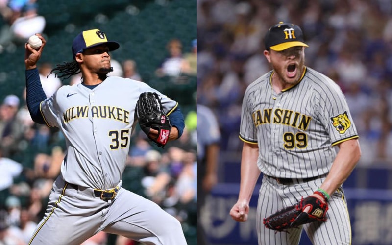 롯데 자이언츠가 우완 강속구 외국인 투수 2명을 영입했다. 사진은 밀워키 브루어스 시절 엘빈 로드리게스(왼쪽)와 한신 타이거즈 시절 제레미 비슬리의 모습. /사진=롯데 자이언츠 제공 