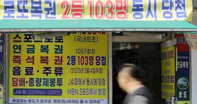 동행복권이 15일 진행한 제1197회 로또 추첨에서 1등 당첨번호는 26·30·33·38·39·41, 보너스 번호는 21이다. 당첨자는 10명이며 각 29억5368만6638원을 받는다. 사진은 2023년 3월7일 서울 동대문구 복권판매점에 &#039;제1057회차 로또복권 2등 103명 동시 당첨&#039; 현수막이 걸린 모습. /사진=뉴스