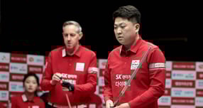 SK렌터카가 PBA 역대 두 번째 10승에 성공하며 4라운드와 정규리그 1위에 올라섰다. 사진은 SK렌터카에서 활약 중인 에디 레펀스(왼쪽)와 조건휘. /사진=프로당구협회(PBA) 제공