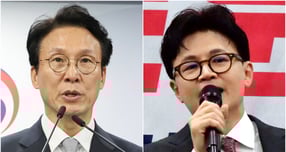 정부가 사모펀드 론스타와의 국제투자분쟁(ISDS)에서 승소를 거두자 이를 둘러싼 정치권 업적 공방이 불 붙었다. 사진은 지난 18일 김민석 국무총리가 서울 종로구 정부서울청사에서 열린 &#039;론스타&#039; ISDS 취소 신청 관련 긴급 브리핑을 하는 모습과 지난 8월11일 한동훈 전 국민의힘 당대표가 광주 서구 한 호텔에서 열린 국민의힘 전남도당위원장 취임식에 참석해 축사하고 있는 모습. /사진=뉴시스