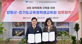 전진선 양평군수(왼쪽)가 21일 경기도교육청학생교육원 지미숙 원장과 지역기반의 체험 중심 교육 활성화 및 상호 협력체계 구축을 위한 업무협약을 체결하고 협약서를 들고 사진촬영을 하고 있다. /사진제공=양평군