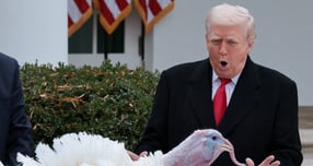 도널드 트럼프 미국 대통령이 오는 27일(이하 현지시각) 추수감사절을 앞두고 연례 행사인 칠면조 사면식에서 조 바이든 전 대통령을 비판했다. 사진은 트럼프 대통령이 지난 25일 미국 워싱턴D.C 백악관 로즈가든에서 추수감사절 칠면조 사면식을 하는 모습. /사진=로이터 