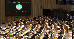 법인세율을 전 구간에서 1%포인트(p)씩 인상하는 법안을 두고 여야가 끝내 합의에 이르지 못하면서 정부 원안이 그대로 통과됐다. 사진은 728조 원 규모의 새해 예산안이 처리 법정 시한인 2일 서울 여의도 국회에서 열린 제429회국회(정기회) 제14차 본회의에서 2026년도 예산안 수정안이 찬성 248표, 반대 8표, 기권 6표로 통과되고 있는 모습. /사진=뉴스