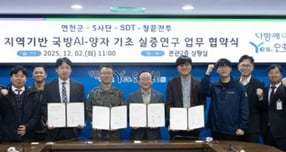 김덕현 연천군수(앞줄 왼쪽서 4번째), 육군 제5보병사단, SDT(주), 사단법인 창끝전투 관계자들이 지난 2일 본관2층 상황실에서 &#039;지역기반 국방 AI·양자 기초 실증연구&#039; 업무협약을 하고 협약서를 들고 단체사진을 찍고 있다. /사진제공=연천군