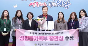 김성제 의왕시장(가운데)이 지난 11일 시 관계자들과 아이돌봄서비스 제공기관 평가 수상을 자축하고 이다. /사진제공=의왕시