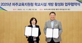 김경일 파주시장(오른쪽)과 전선아 파주교육지원청 교육장(왼쪽)이 지난 11일 관내 51개 학교와 &#039;학교시설 개방 업무협약&#039;을 체결하고 사진 촬영을 하고 있다. /사진제공=파주시