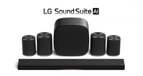 LG전자가 어떤 공간에서도 최적화된 사운드를 구현하는 LG 사운드 스위트(LG Sound Suite)를 공개한다. 사진은 돌비 애트모스 플렉스커넥트(DAFC)를 지원하는 사운드바(사진 하단)와 무선 서라운드 스피커(사진 왼쪽에서 첫 번째·두 번째 및 오른쪽에서 첫 번째·두 번째), 서브우퍼(사진 중앙)로 구성된 신개념 프리미엄 오디오 시스템의 모습. /사진=LG전자 제공