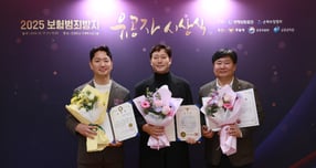 올해 보험범죄방지 유공자 시상식에서 메리츠화재가 금융감독원장상, 경찰청장상, 손해보험협회장상을 수상했다. 사진은 지난 17일 시상식에서 수상한 (왼쪽부터) 조승일 선임차장, 박충호 조사실장, 김정훈 조사실장. /사진=메리츠화재