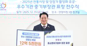 19일 열린 '전통시장, 상점가 활성화 유공' 우수기관 중기부장관 표창 전수식에서 최대호 안양시장이 올해 수상한 표창을 들어보이고 있다. /사진제공=안양시 