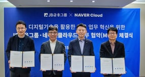 (왼쪽부터)이재관 JB우리캐피탈 상무,김유원 네이버클라우드 대표, 탁형재 탁형재 부행장, 변동하 광주은행 부행장이 업무협약 후 기념사진 촬영을 하고 있다. /사진=네이버클라우드