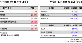 AI 거품론을 딛고 반도체주가 급등하자 반도체 ETF도 수익률 상위권을 차지했다. 사진은 지난 1개월간 반도체 ETF의 수익률과 주요 종목 등락 추이. /사진=이동영 기자 [이 그래픽에는 네이버에서 제공한 나눔글꼴이 적용되어 있습니다.]