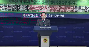 목포무안신안 선(先)통합추진주민연대 박홍률 공동대표가 8일 도의회에서 기자회견을 갖고 광주전남행정통합과 함께 기초자치단체인 '목포무안신안 선통합'을 병행 추진해 줄것을 촉구하고 있다./사진=뉴시스