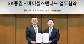 SK증권 박삼규 경영혁신부문 대표(왼쪽)는 지난 14일 서울 여의도 SK증권 본사에서  디지털자산 운용 플랫폼 '피스'(PIECE)를 운영하는 바이셀스탠다드 신범준 대표이사와 함께 토큰증권 발행 및 시장 활성화를 위한 업무협약(MOU)을 체결했다./사진=SK증권