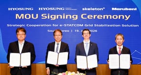 효성중공업이 독일 스켈레톤 및 일본 마루베니와 ‘e-STATCOM’ 개발 협력을 위한 업무협약을 체결하고 기념사진을 촬영했다. 한영성 효성 상무(왼쪽부터), 요코타 타케시 효성중공업 부사장, Maximiliaan van de Poll 스켈레톤 전략 부사장, Dai Sakakura 마루베니 최고운영책임자(COO). /사진=효성중공업