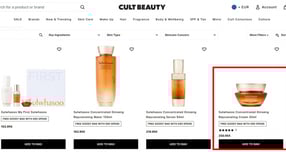 12일 컬트 뷰티 사이트에서 판매 중인 설화수 제품들. 자음생 크림 50ml가 250.95파운드(약 49만8000원)에 판매되고 있다. /사진=컬트 뷰티 누리집 갈무리