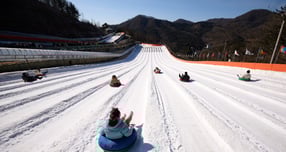 지난 24일 양주눈꽃축제 눈썰매장을 찾은 관광객들이 속도감 있는 눈썰매의 스릴을 만끽하고 있다. /사진제공=양주시