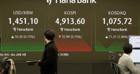 도널드 트럼프 미국 대통령의 한국 자동차 등 관세 25% 인상 소식이 전해진 27일 오전 서울 중구 하나은행 딜링룸 전광판에 코스피가 전 거래일보다 35.99 포인트(0.73%) 내린 4913.60 포인트를 나타내며 하락 출발하고 있다./사진=뉴시스