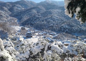 하얀 눈과 고요함이 가득한 겨울 산사는 내면의 소리에 집중하며 사색하기 좋은 공간이다. 사진은 김제 금산사 전경. /사진=한국관광공사. 