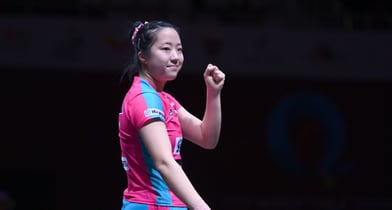 여자 탁구 에이스 신유빈이 월드테이블테니스 시리즈 상위급 대회인 WTT 챔피언스 프랑크푸르트에서 8강에 올랐다. 사진은 지난 5월21일 신유빈이 카타르 도하 루사일 아레나에서 열린 2025 국제탁구연맹(ITTF) 세계선수권대회 여자단식 32강 이탈리아 가이아 몬파르디니와 경기 승리 후 환호하고 있는 모습. /사진=뉴스