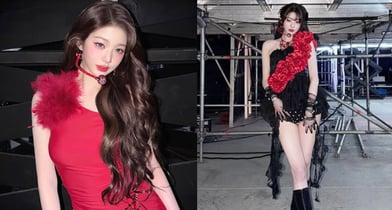 그룹 아이브 멤버 장원영이 레드 원피스와 블랙  원숄더를 입고 특유의 고혹적인 분위기를 연출했다. 해당 사진은 장원영이 월드투어 공연에서 찍은 모습. /사진=장원영 인스타그램 캡처