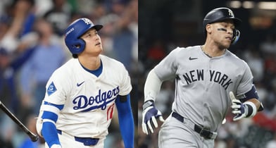 LA다저스 오타니 쇼헤이와 뉴욕 양키스 애런 저지가 MVP에 이어 행크 에런상도 수상했다. 사진은 다저스에서 활약 중인 오타니와 양키스에서 활약 중인 저지(왼쪽). /사진=로이터