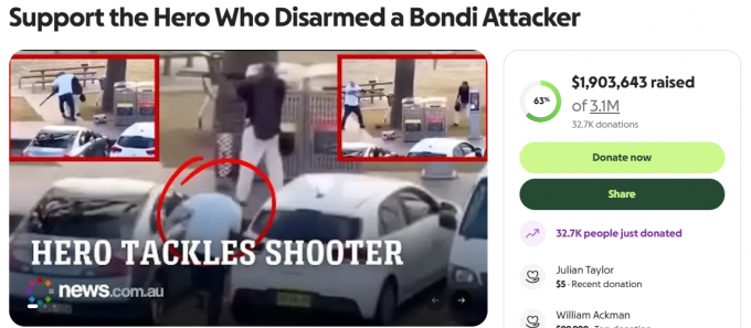 '본다이 영웅' 맨몸으로 총격범 제압… 총상 수술비 후원에 18억 모여