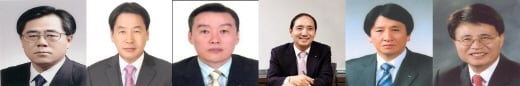 ▲왼쪽부터 유광재 포스코플랜텍 대표이사 사장, 이경목 포스코엠텍 대표이사 부사장, 전국환 포스코ICT 사장 직무대행, 전병일 대우인터내셔널 대표이사 사장, 조봉래 포스코컴텍 대표이사 사장, 신정석 포스코강판 대표이사 사장.