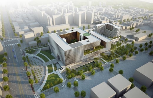강서구 마곡지구에 지어질 이화여자대학교 의과대학 부속 제2병원 및 의과대학 조감도 및 투시도.