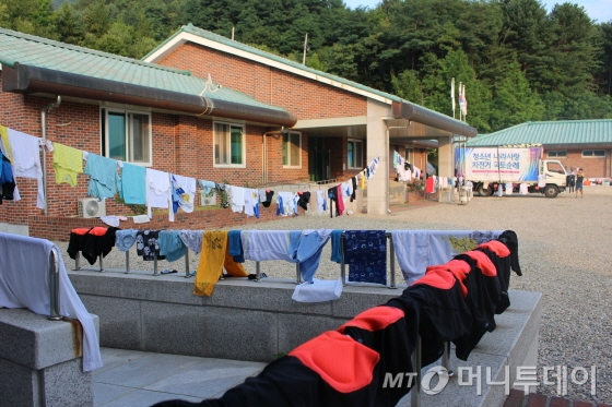 31일 오전, 손세탁한 빨강색 패드바지가 베트남참전용사 만남의장 곳곳에서 아침햇살을 받고 있다./사진=박정웅 기자