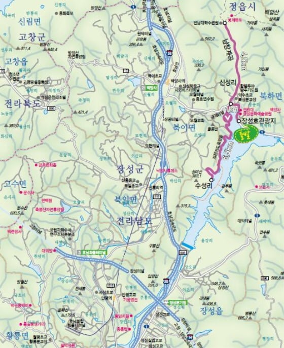 장성호 코스: 장성호관광지-장성문화예술공원-전망대-수성리자전거도로-남창계곡-몽계폭포-장성호관광지, 24km(2시간30분)/이미지제공=전라남도