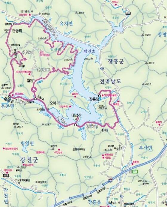 탐진호 코스: 장흥댐-생태문화공원-빈재-내접산-오복1.2교-신월1교-월암마을-임도-관동리-밤재터널우회 임도-봉림교-장흥댐, 49km(5시간, 포장로 28km)/이미지제공=전라남도