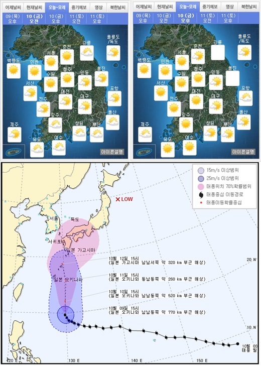 10일 오전·오후 날씨(위), 태풍 '봉퐁' 예상경로 /제공=기상청