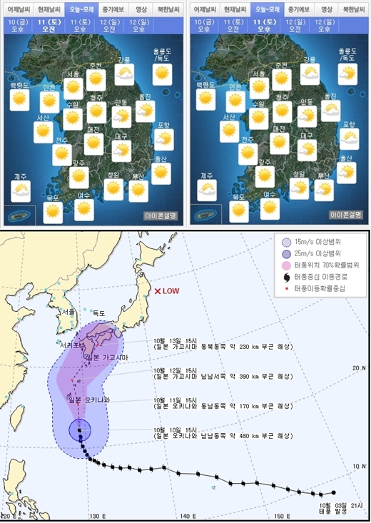 11일 오전·오후 날씨, 태풍예상경로 /제공=기상청