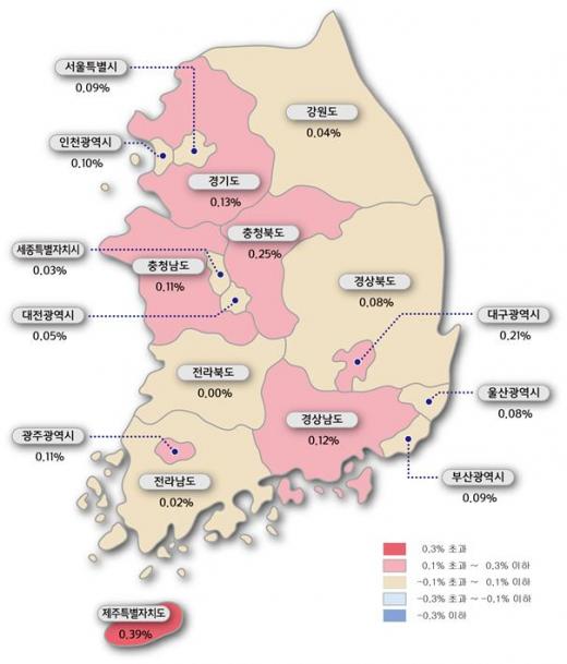 주간 아파트 매매가격지수 변동률 색인도.(자료제공=한국감정원)