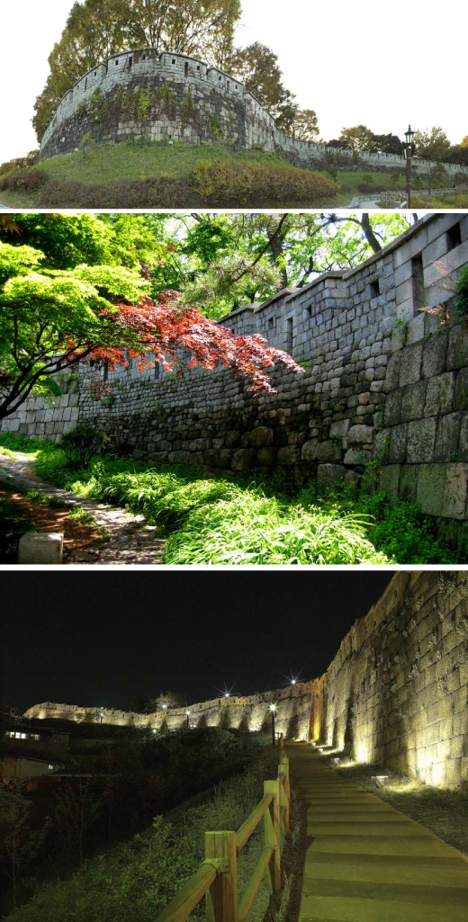 ▲(위로부터) 한양도성 낙산 구간, 한양도성 광희문과 장충동 구간, 한양도성 낙산 구간 야경