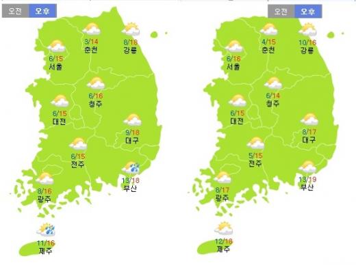 이번 주말 토요일(8일·왼쪽), 일요일 날씨 /제공=기상청