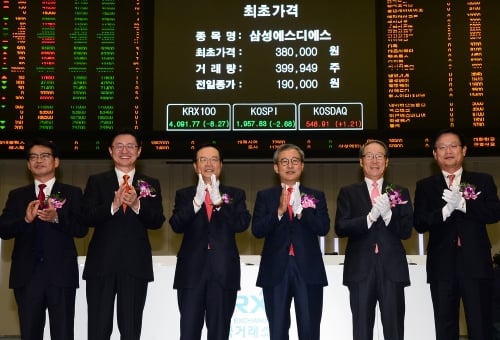 ▲ 한국거래소 유가증권시장본부는 14일 오전8시40분부터 서울사옥 홍보관에서 시스템 통합 및 관리업체인 삼성에스디에스(SDS)의 유가증권시장 신규상장기념식을 개최했다. 시초가 확인후 기념촬영. 왼쪽부터 김원대 한국거래소 유가증권시장본부장, 유상호 한국투자증권 대표이사, 최경수 한국거래소 이사장, 전동수 삼성에스디에스 대표이사, 정구용 상장회사협의회 회장, 박경정 삼성에스디에스 부사장.