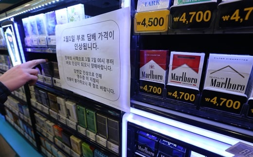 담뱃값 인상에 관심이 고조된 가운데 1일 서울 시내 한 편의점에 1월1일부터 담뱃값 인상과 영수증 미지참시 반품이 불가하다는 글이 붙어 있다. /사진=뉴스1