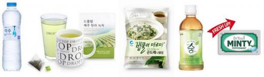 ▲ 이미지: (왼쪽부터) 하이트진로음료 ‘석수’, 드롭탑 ‘제주 한라 녹차’, 청정원 ‘녹차 곤드레나물밥’, 남양유업 ‘맑은숨 오리엔탈’, 오리온 ‘닥터유 민티’