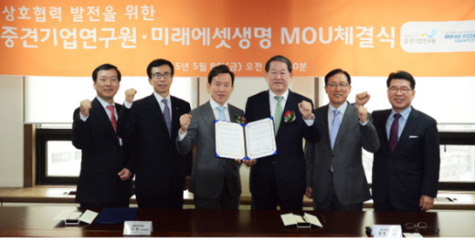 지난 8일 서울 마포구 중견기업협회 대회의장에서 진행된 미래에셋생명(대표이사 수석부회장 최현만)과 중견기업연구원(원장 김승일)의 중견기업 발전을 위한 MOU 체결식에서 최현만 미래에셋생명 대표이사 수석부회장(왼쪽에서 세 번째)과 강호갑 중견기업연합회 회장 겸 중견기업연구원 이사장(왼쪽에서 네 번째) 등 참석자들이 협약식에 서명 후 기념촬영을 하고 있다./ 사진=미래에셋생명