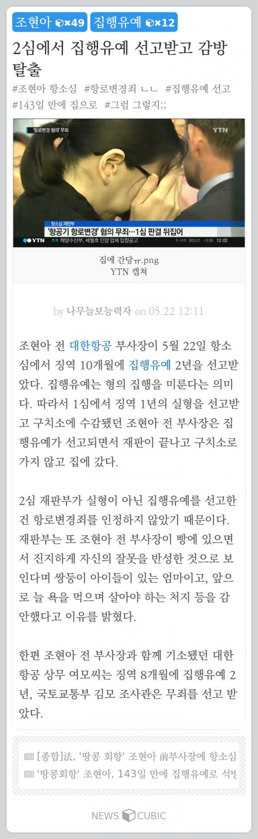 [오늘의 뉴스큐빅] 집행유예로 석방된 조현아… 내가 음란물 유포자라니