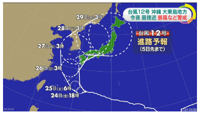 제12호 태풍 할롤라 예상 경로. /자료=일본 NHK 방송 캡처
