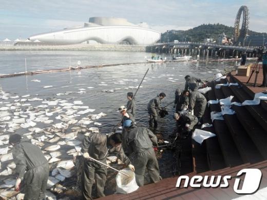 지난 26일 전남 여수시 덕충동 세계박람회장 앞 해상에서 중질유로 추정되는 기름이 유출돼 여수시와 해경 등이 방제작업을 펼치고 있다. /사진=뉴스1(여수해양경비안전서 제공)